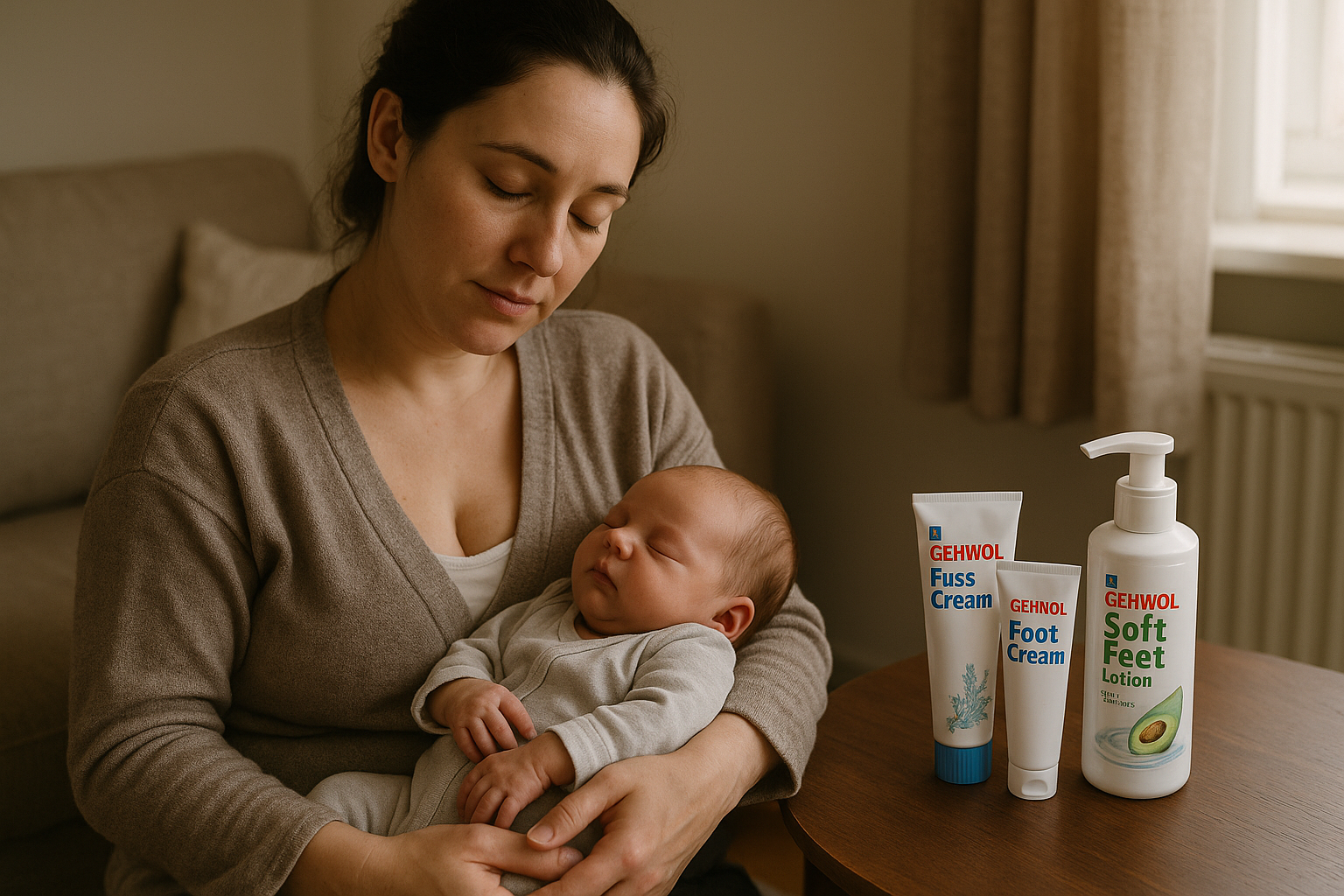 Realistic new mom with baby and foot care products